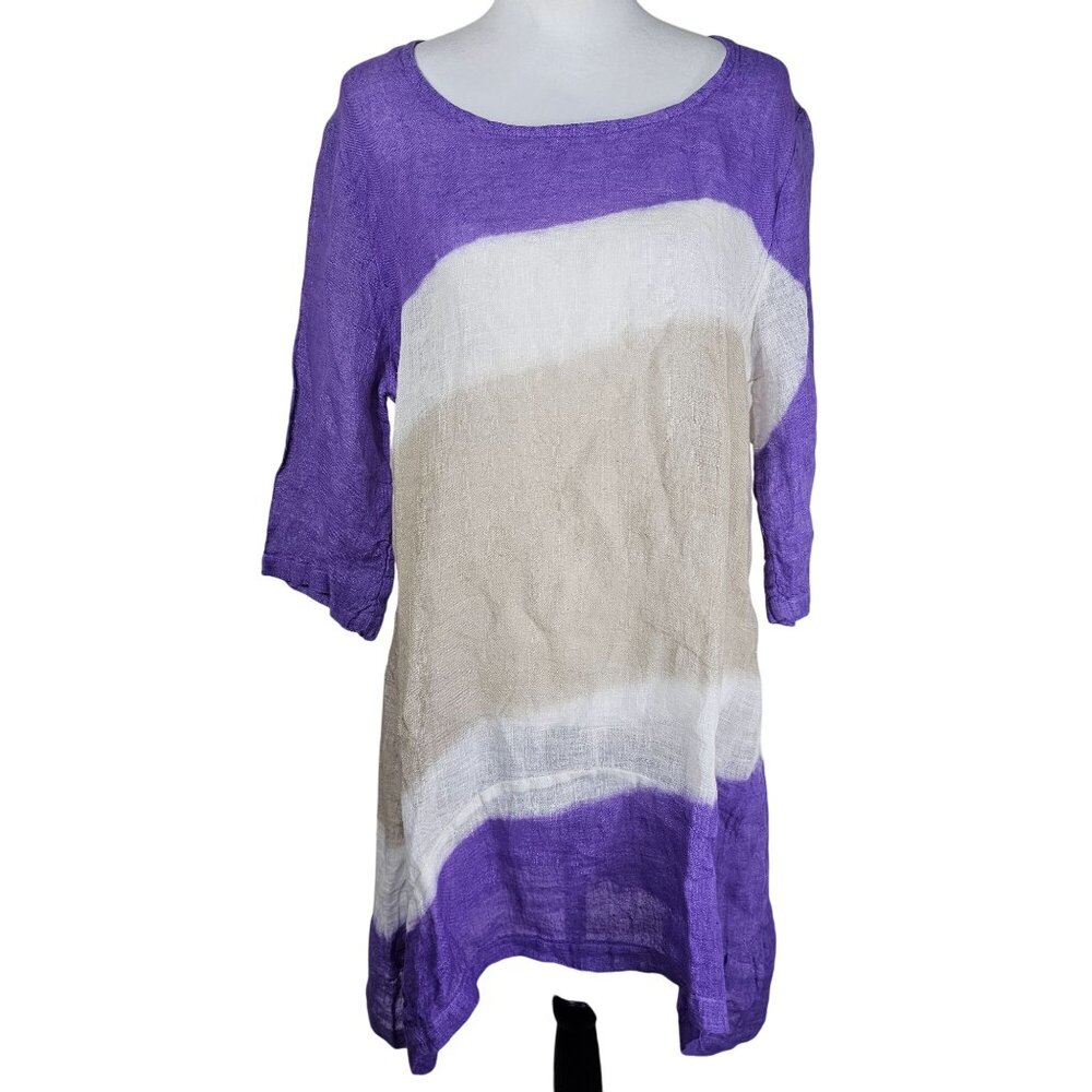 Haris Cotton Greece‎ Linen Gauze Tunic Top S Purple 3/4 Sleeve Relaxed Coastal